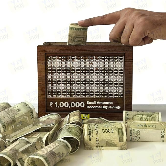 Wooden Money Bank - ₹1 Lakh Savings Challenge Box