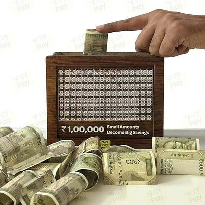 Wooden Money Bank - ₹1 Lakh Savings Challenge Box